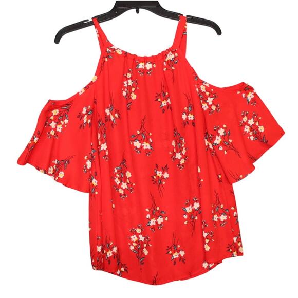 Sienna Sky Womens Blouse Large Red Floral Cold Shoulder Short Sleeve - Picture 2 of 7